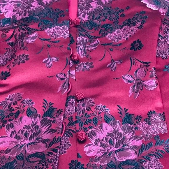 VINTAGE kimono red silky satin floral vest - Picture 4 of 5